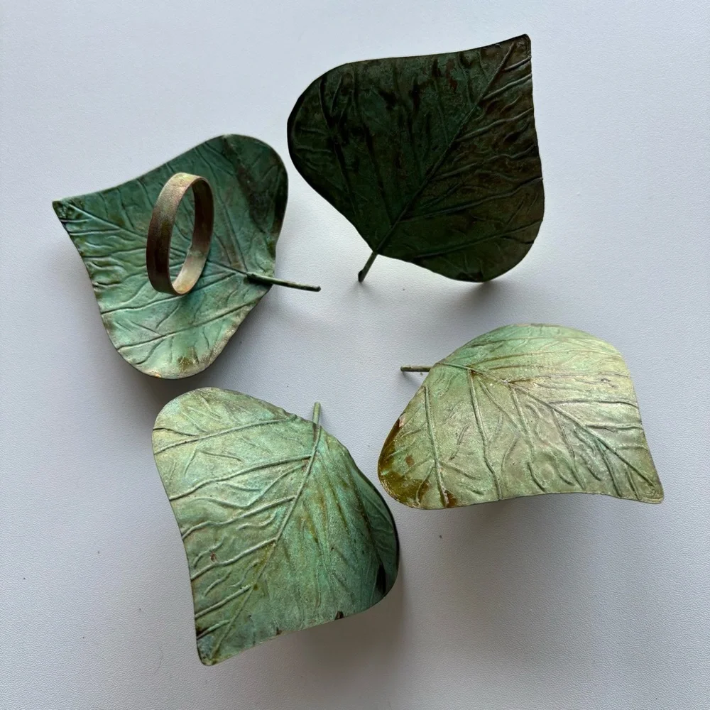 Vintage Green Metallic Leaf Shaped Napkin Rings - Set of 4